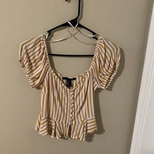 Forever 21 yellow-striped ruffled crop-top with poofy sleeves